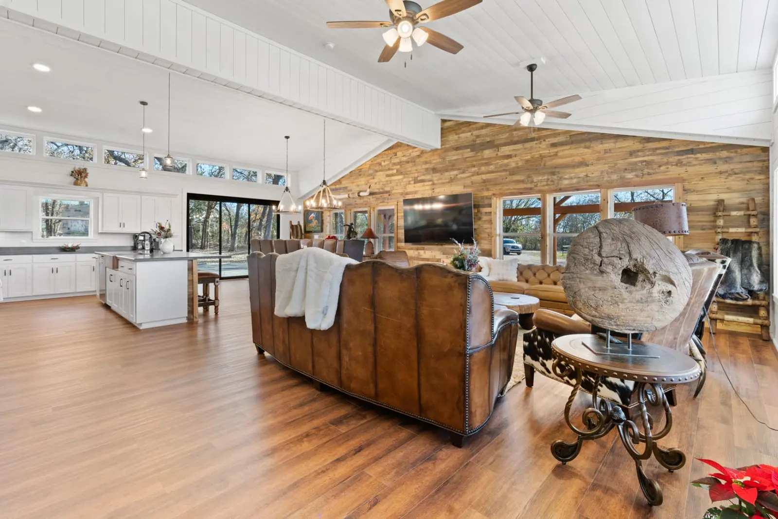 Open-concept living and kitchen with clerestory windows