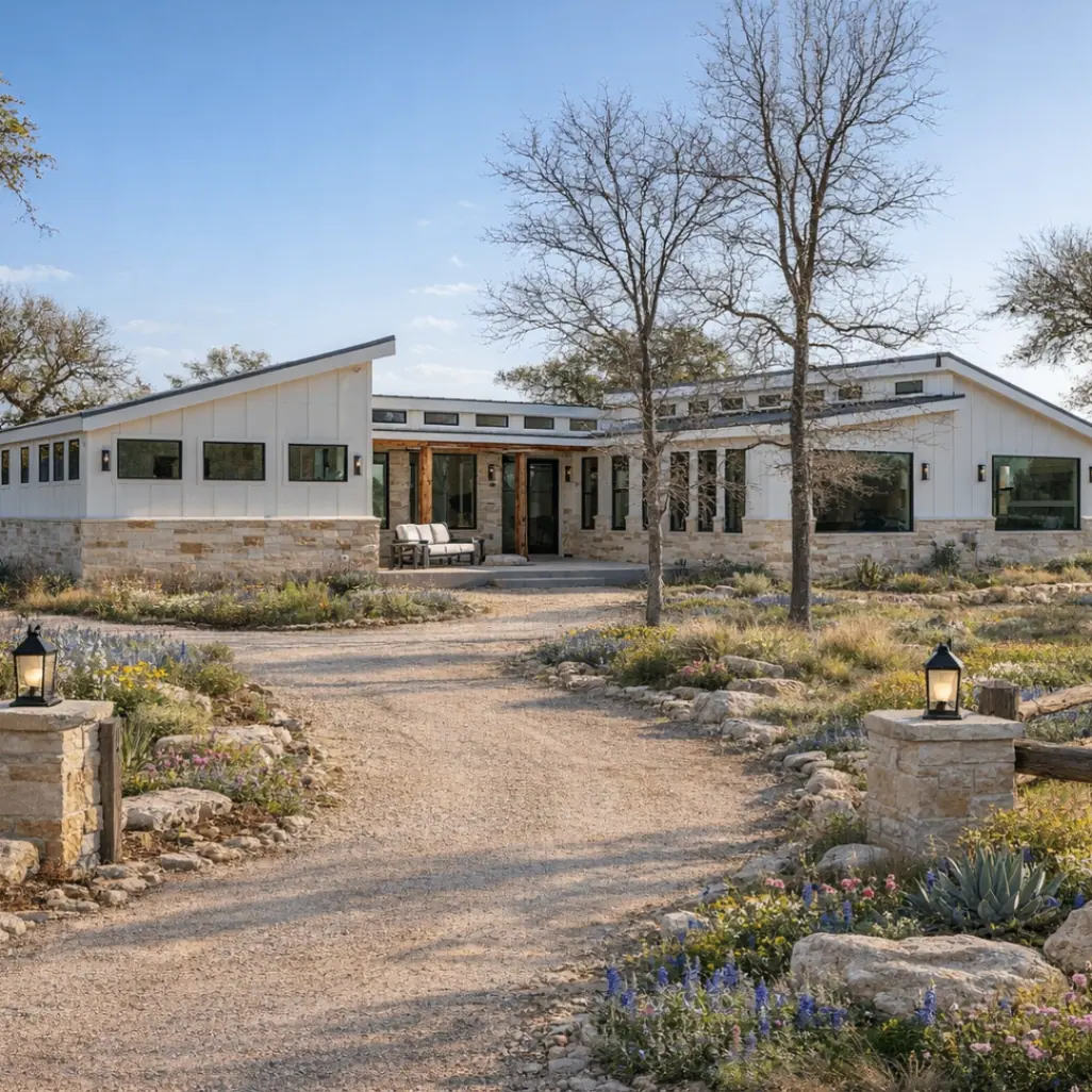 Luxury Ranch Home drive with stone entry columns