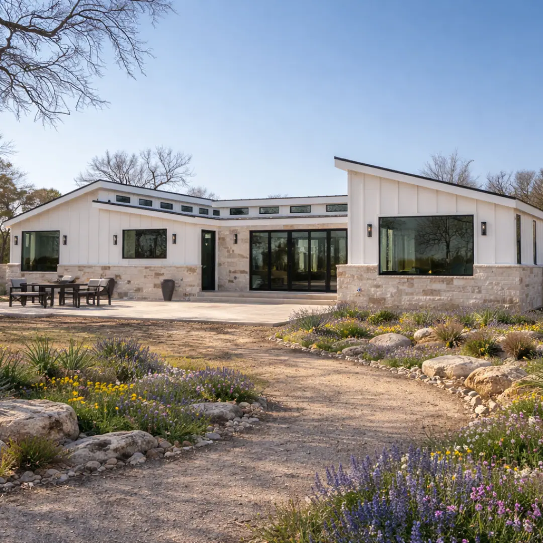 Luxury Ranch Home approach with native landscaping